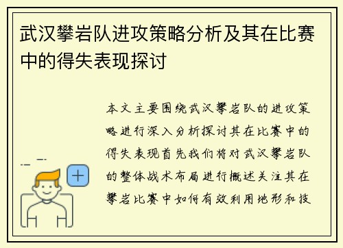 武汉攀岩队进攻策略分析及其在比赛中的得失表现探讨