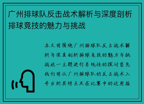 广州排球队反击战术解析与深度剖析排球竞技的魅力与挑战